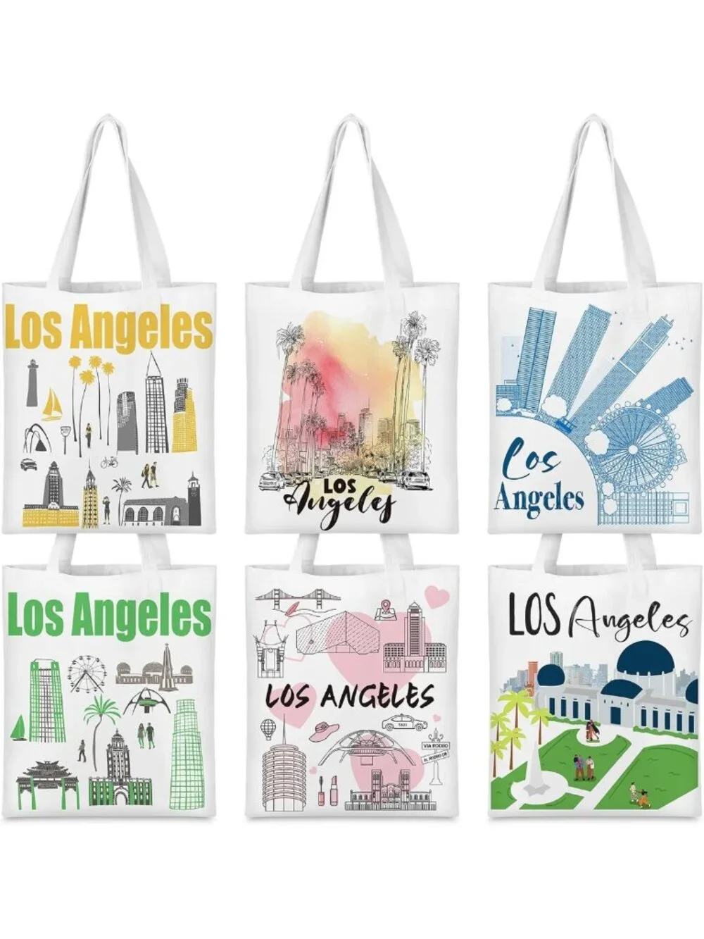 6-Piece Watercolor Los Angeles Canvas Tote Bags | Souvenir Gift for Women